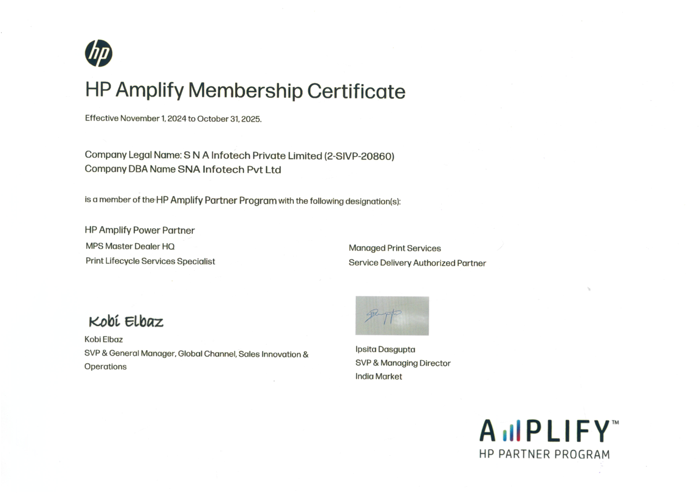 HP Amplify Partner Program membership certificate issued to SNA Infotech